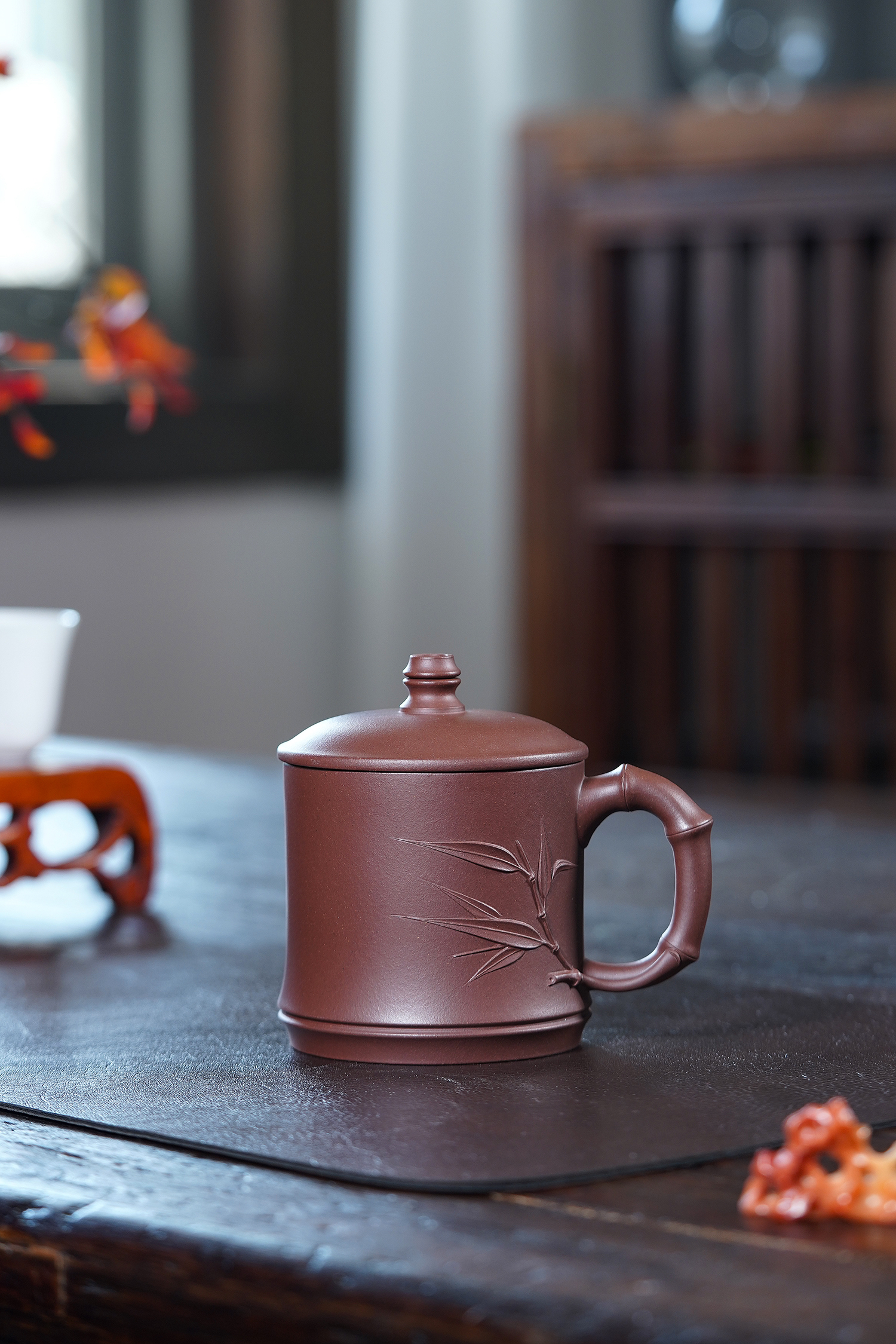 竹节盖杯，黄龙山原矿底槽青，容量340cc，国工精工手制。