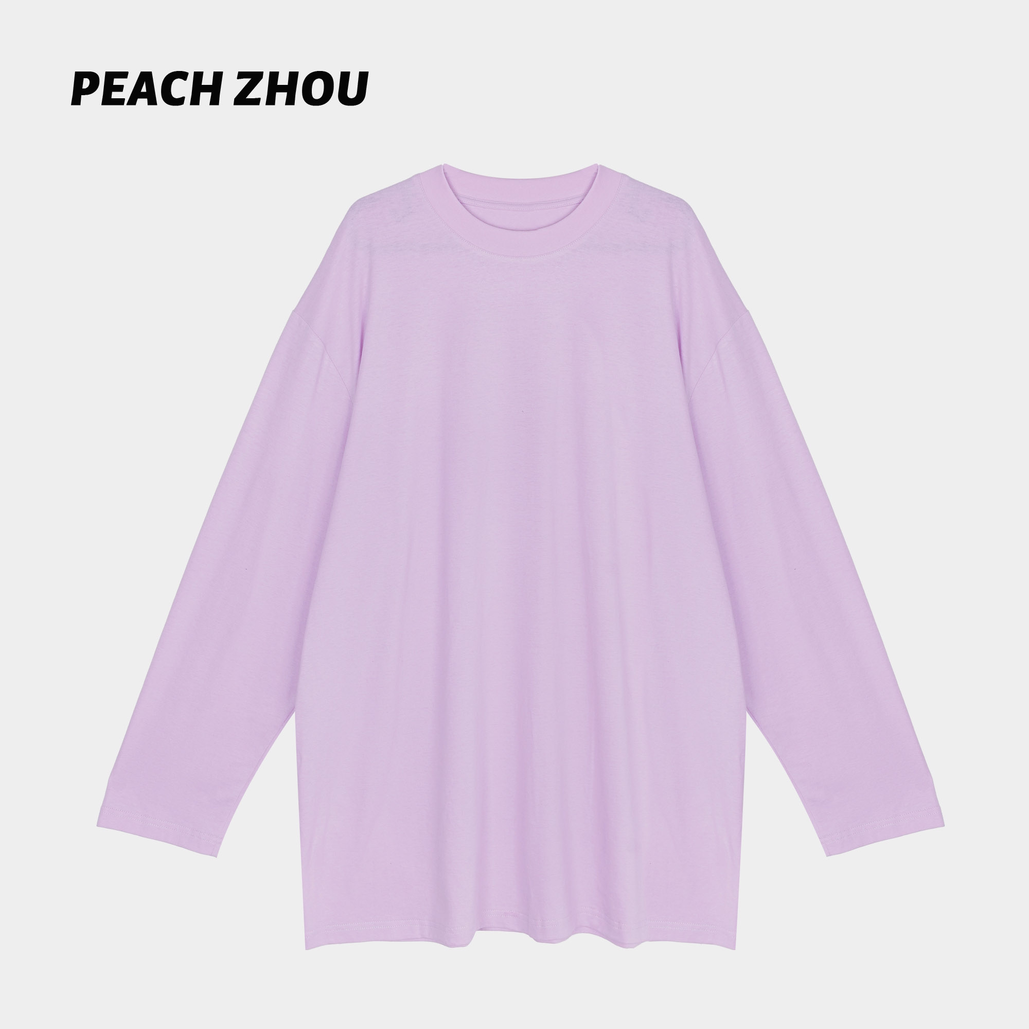『PEACHZHOU』徽标100棉粉色宽松圆领廓形长袖简约休闲百搭慵懒T恤