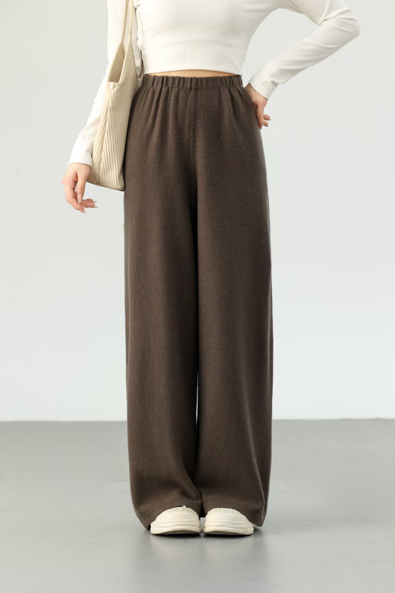 【纪陆】100%绵羊毛秋冬新款时尚高腰纯色长款休闲阔腿裤女25045#