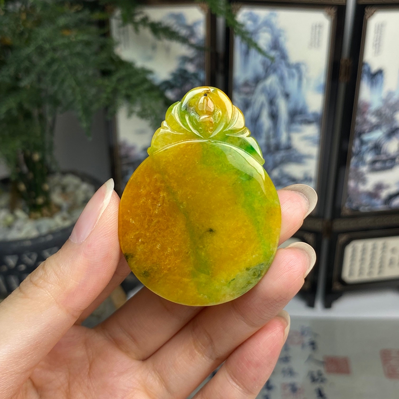 老种黄加绿福在眼前怀古挂件吊坠 天然翡翠A货  