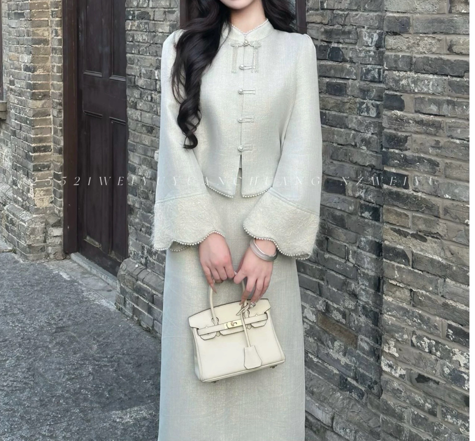 新中式冬季宽松型毛呢外套中式落肩袖复古立领女套装----25521