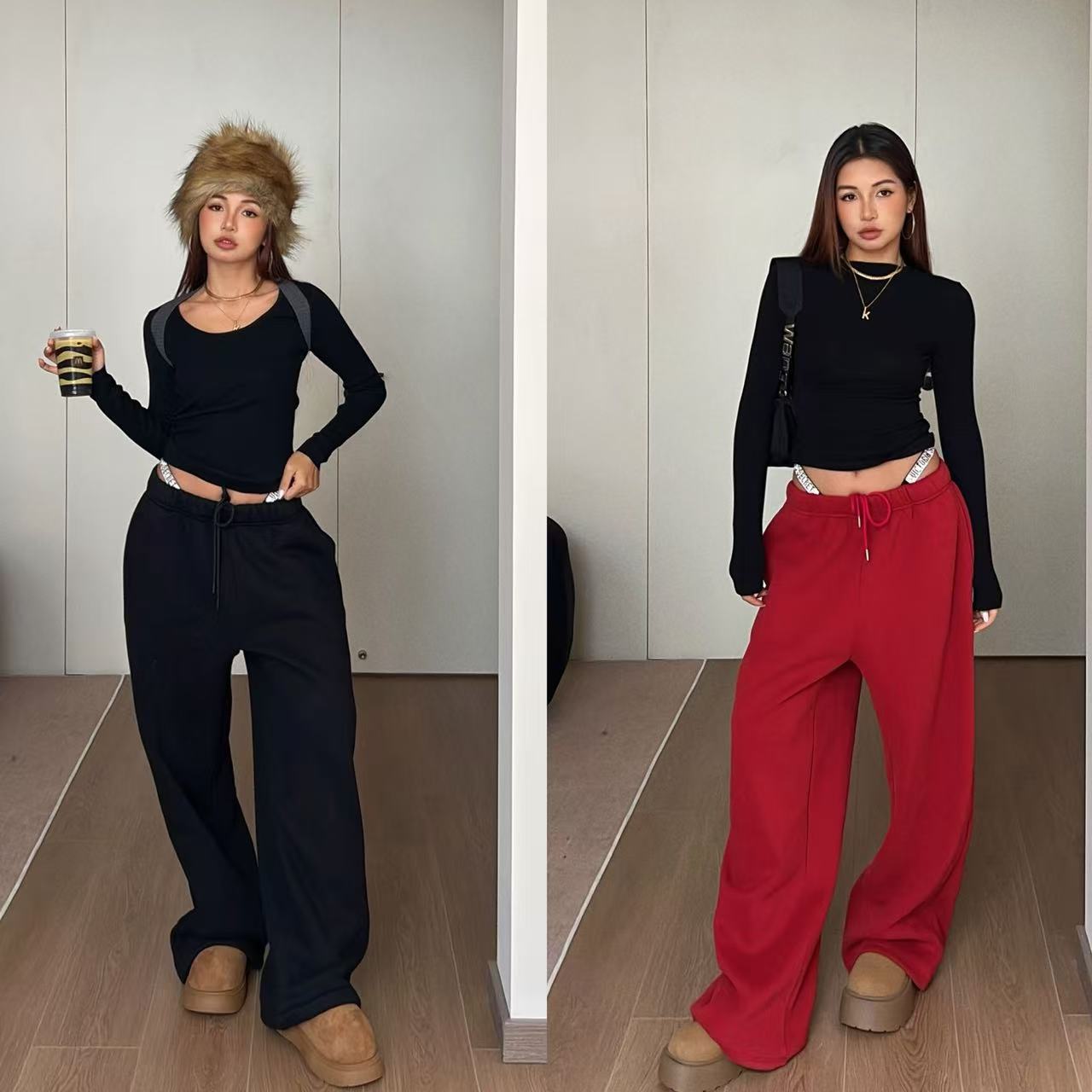 小野熊 美式抽绳可调节中低腰辣妹运动休闲设计感休闲裤N24K3594