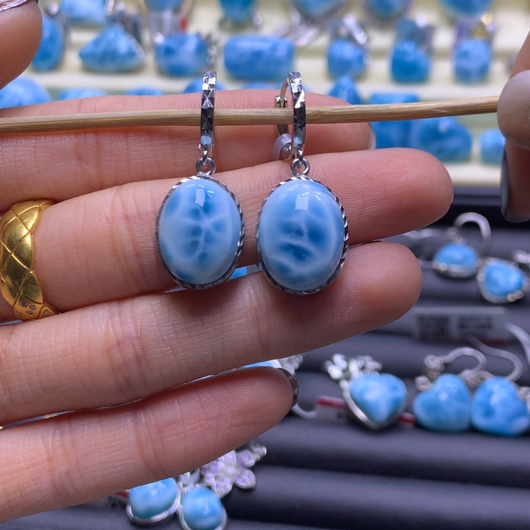 针钠钙石（海纹石）未镶嵌耳饰蛋面耳饰色差略异