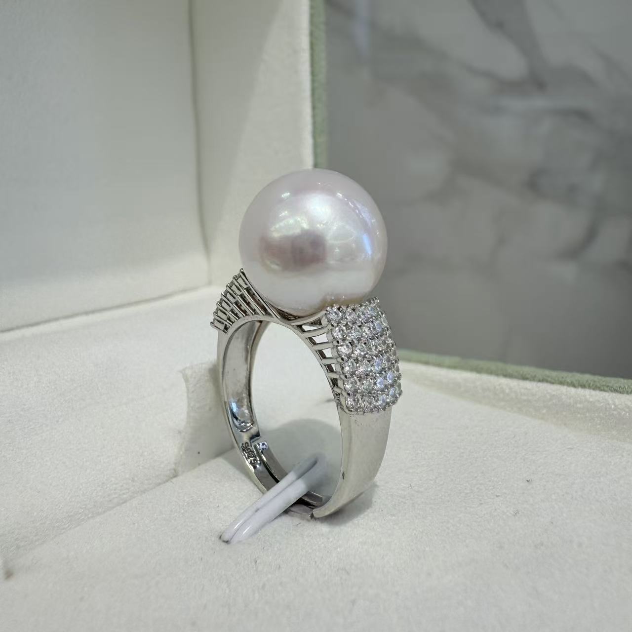 S1586 S925银开口戒圈赛澳白珍珠戒指 12-13mm