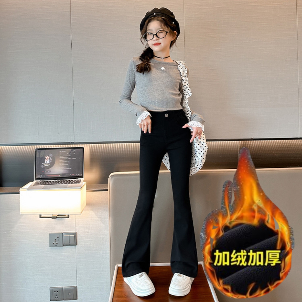 女童加绒保暖喇叭裤春秋新款中大童韩版微喇裤子冬季儿童喇叭裤黑