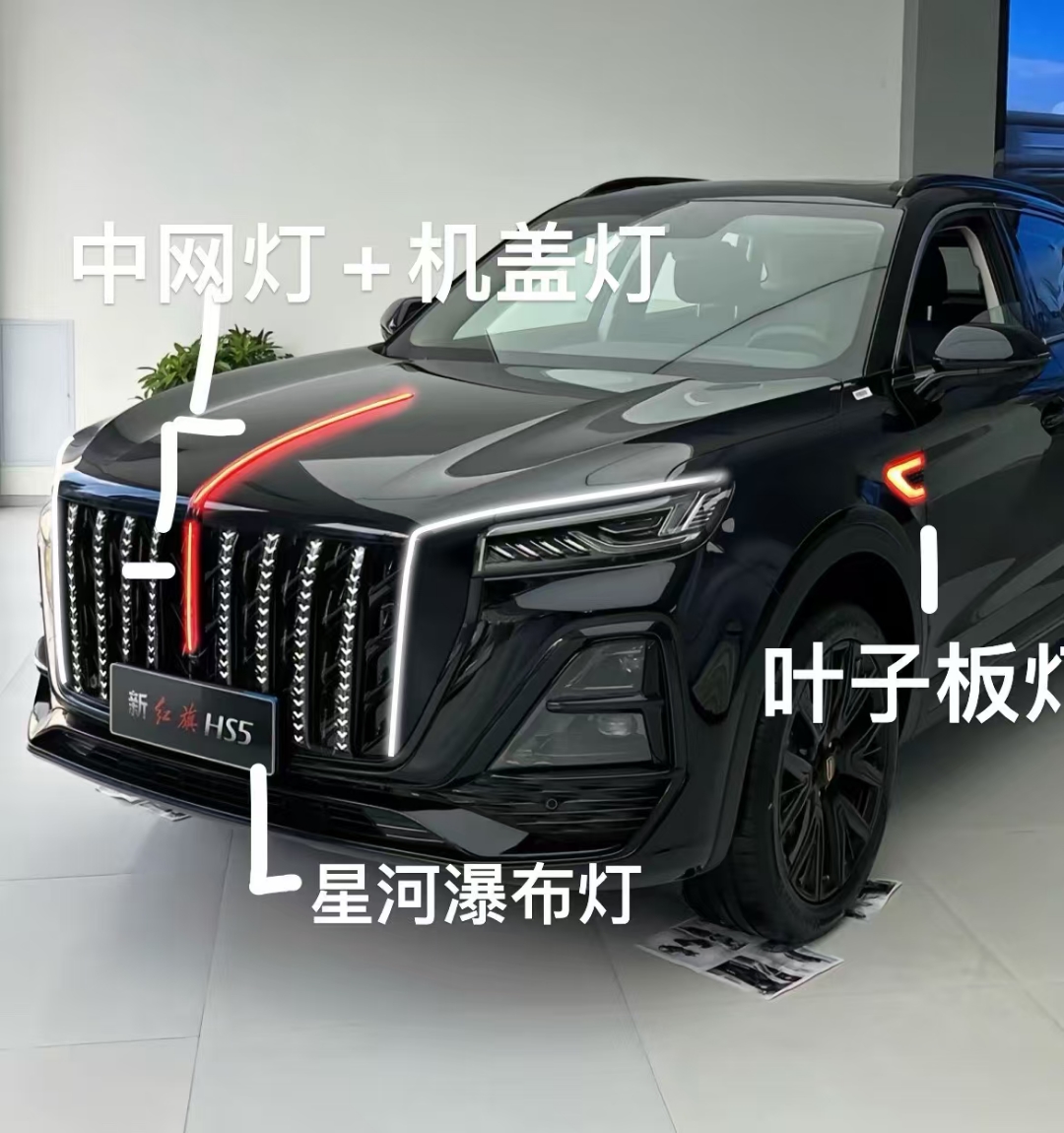 2325款红旗hs5中网龙须灯流光灯发光旗标车标灯半U型灯流水灯改装