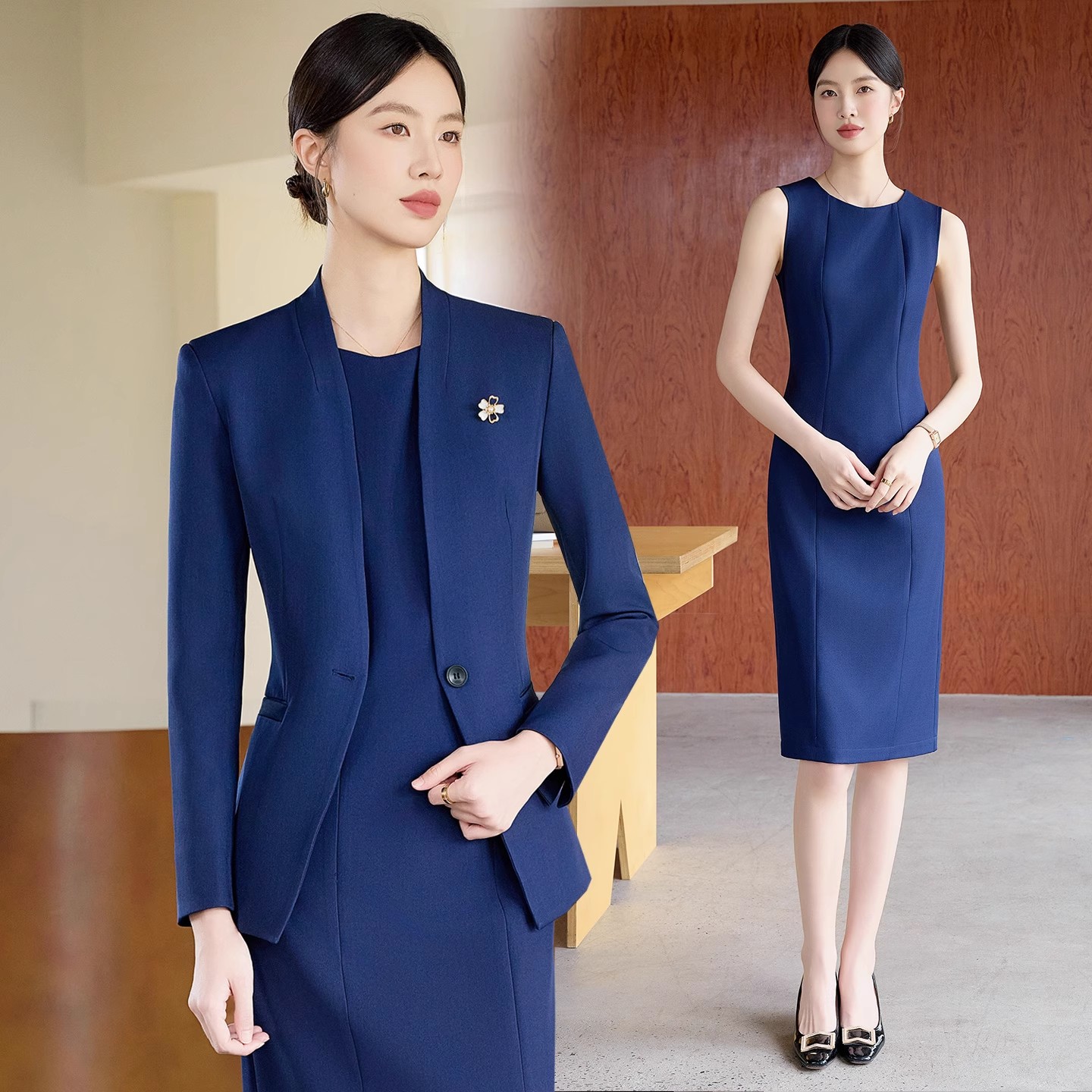 无领西装外套女春秋2025新款职业正装气质收腰高端连衣裙西服套装