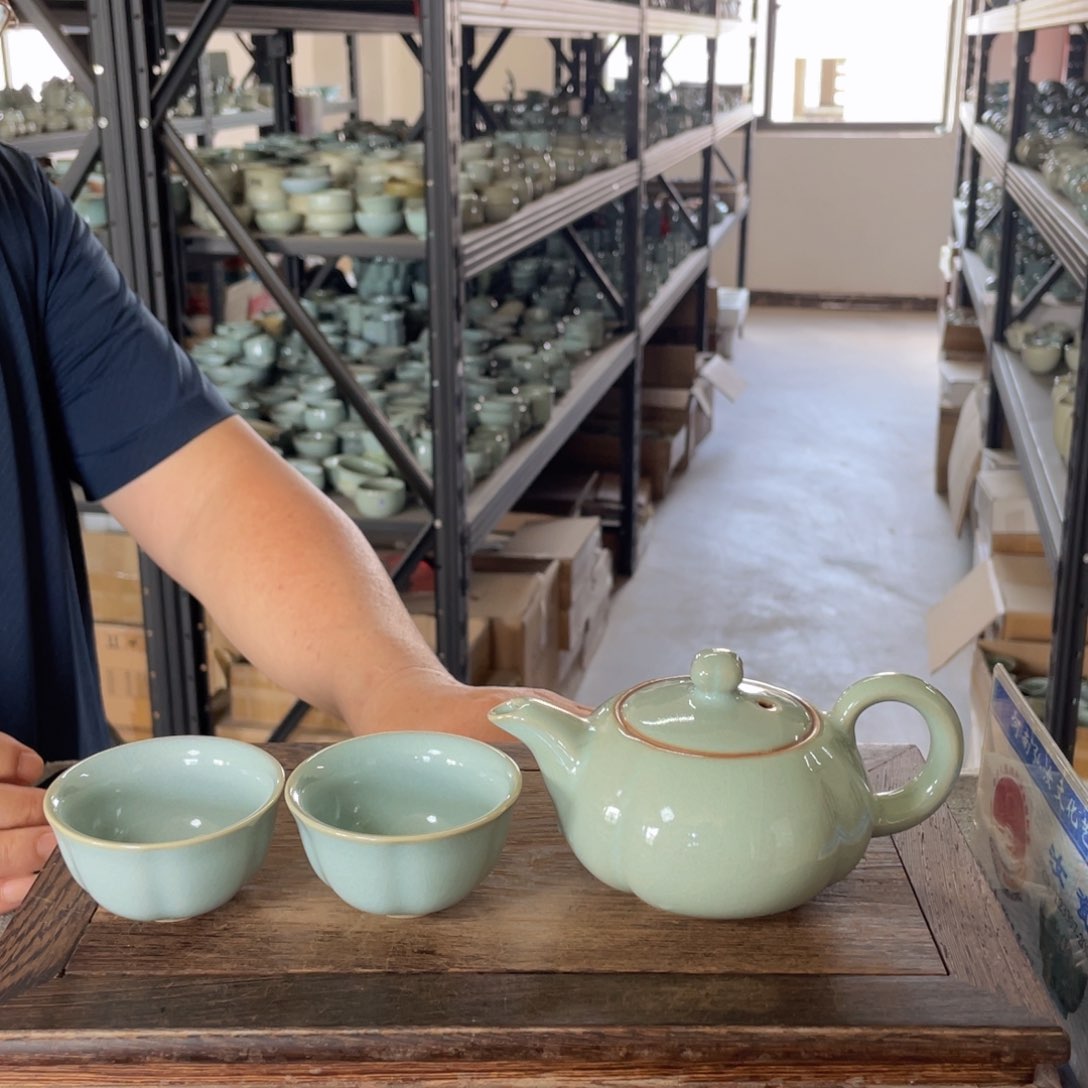 瓷片天青南瓜壶➕梅花杯一对