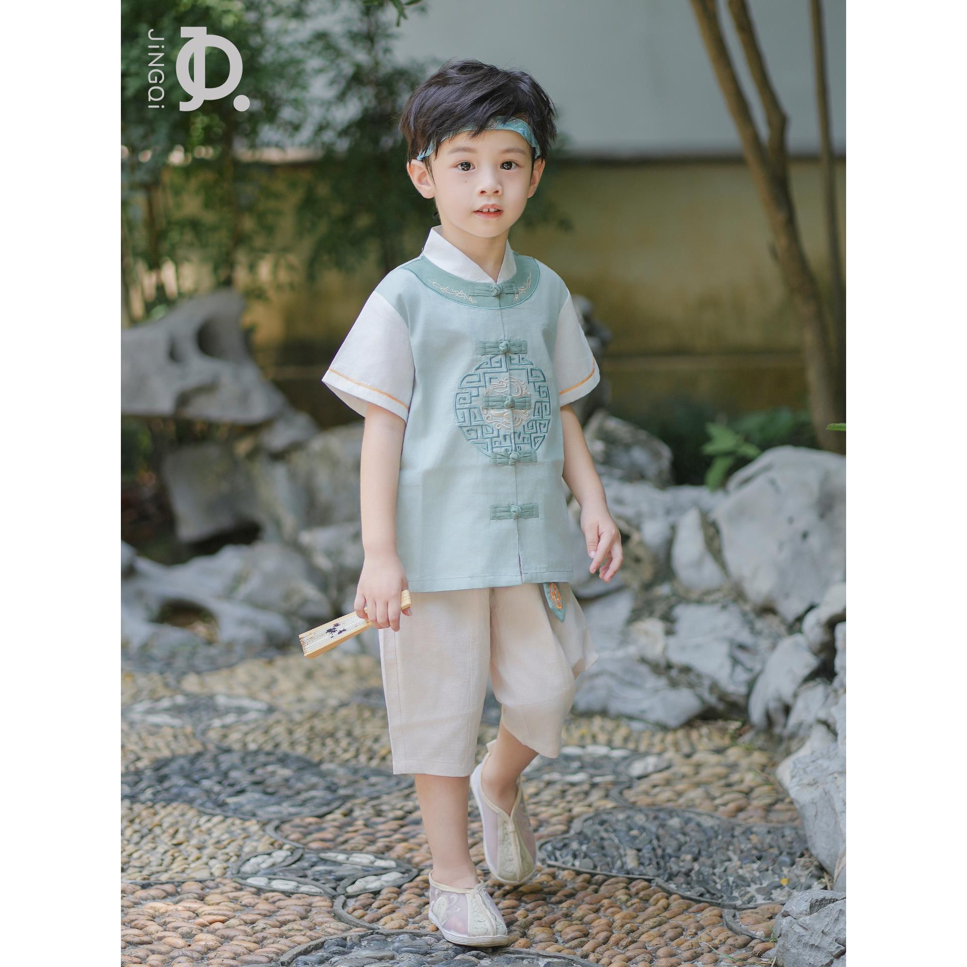 男童唐装儿童汉服周岁礼服男宝宝短袖国风套装夏季薄款中秋演出服