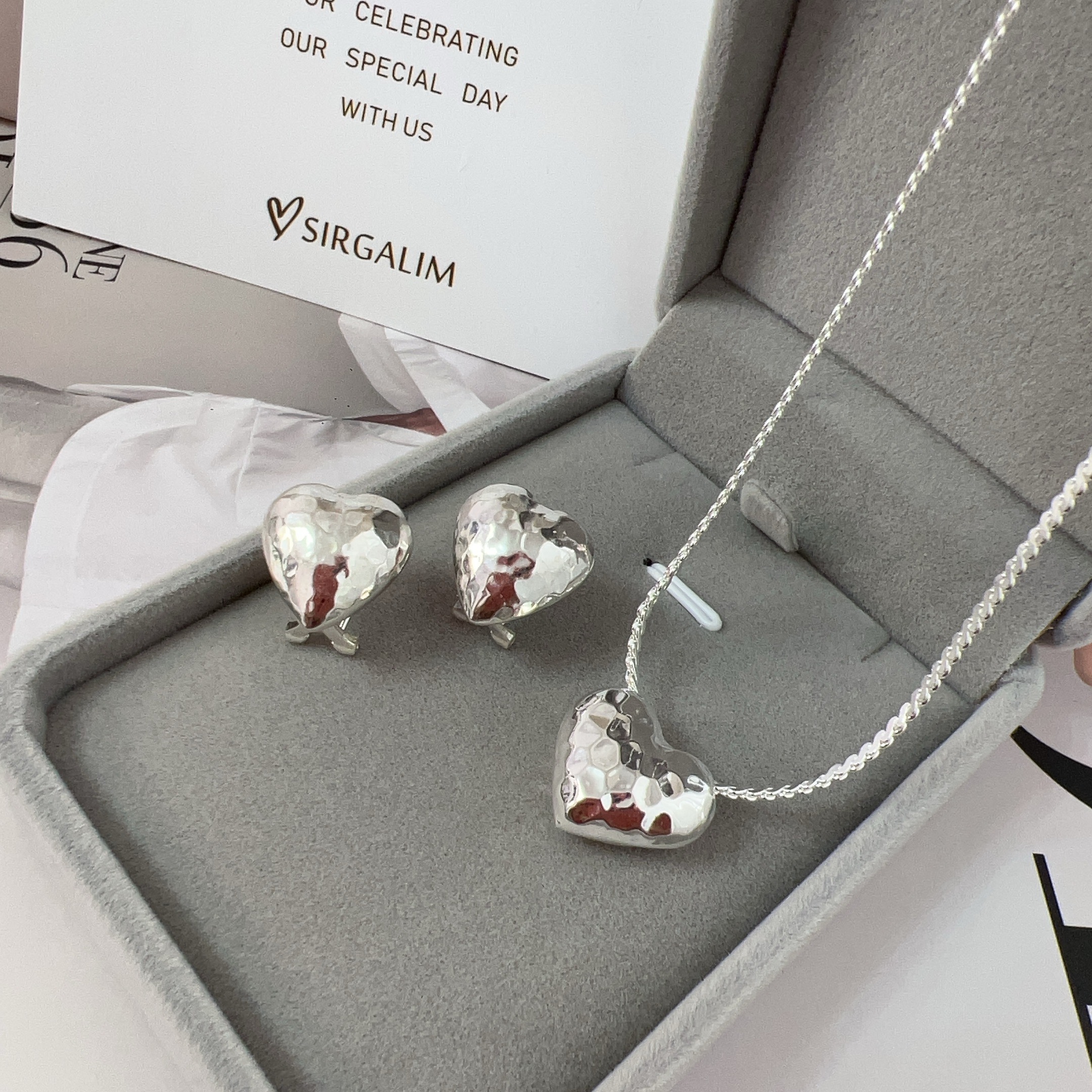 925银耳饰 SIRGALIM 银饰  唯美敲打面桃心两件套