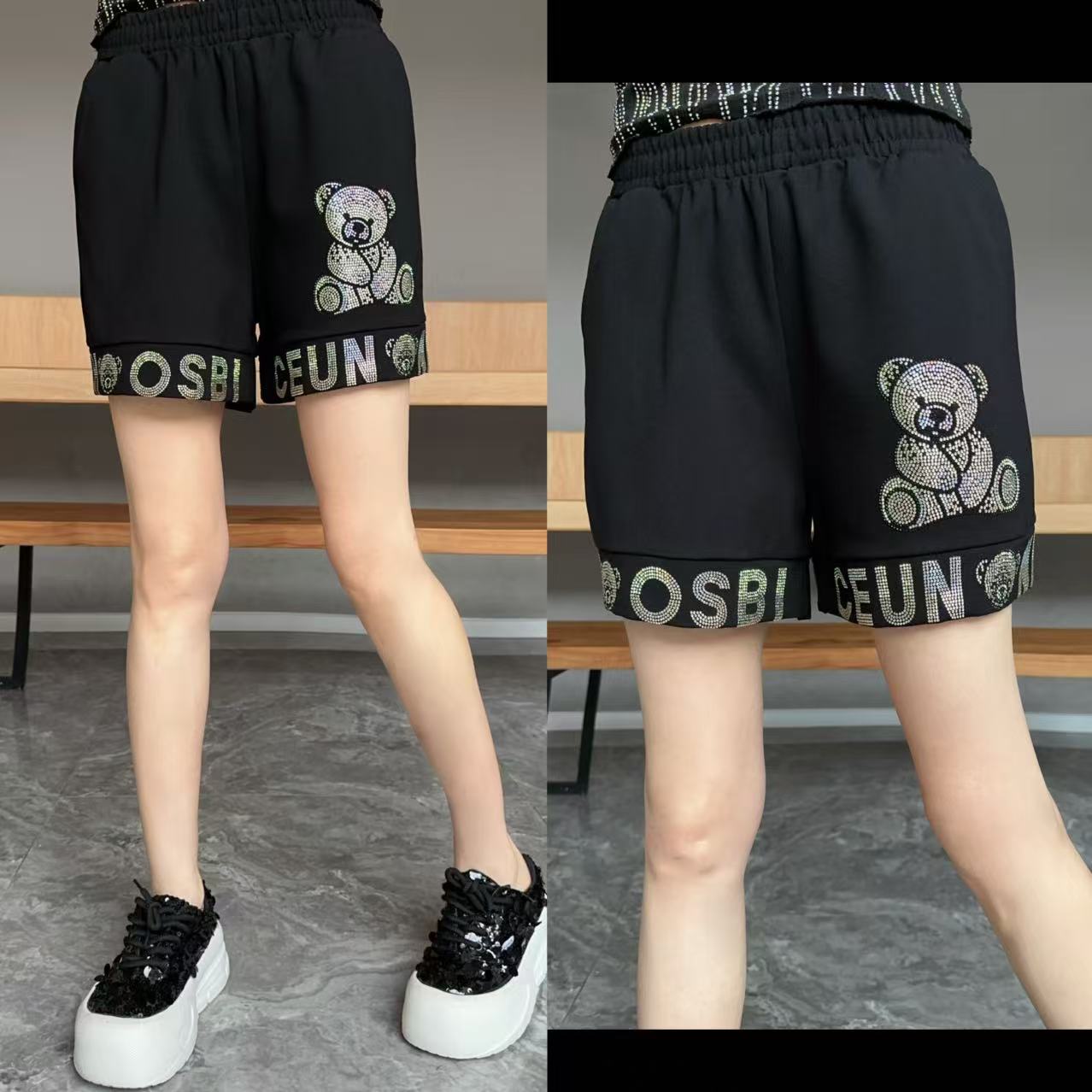 【YJ·高定】2025夏季薄款设计感烫钻高腰百搭黑色修身短裤女  YK801
