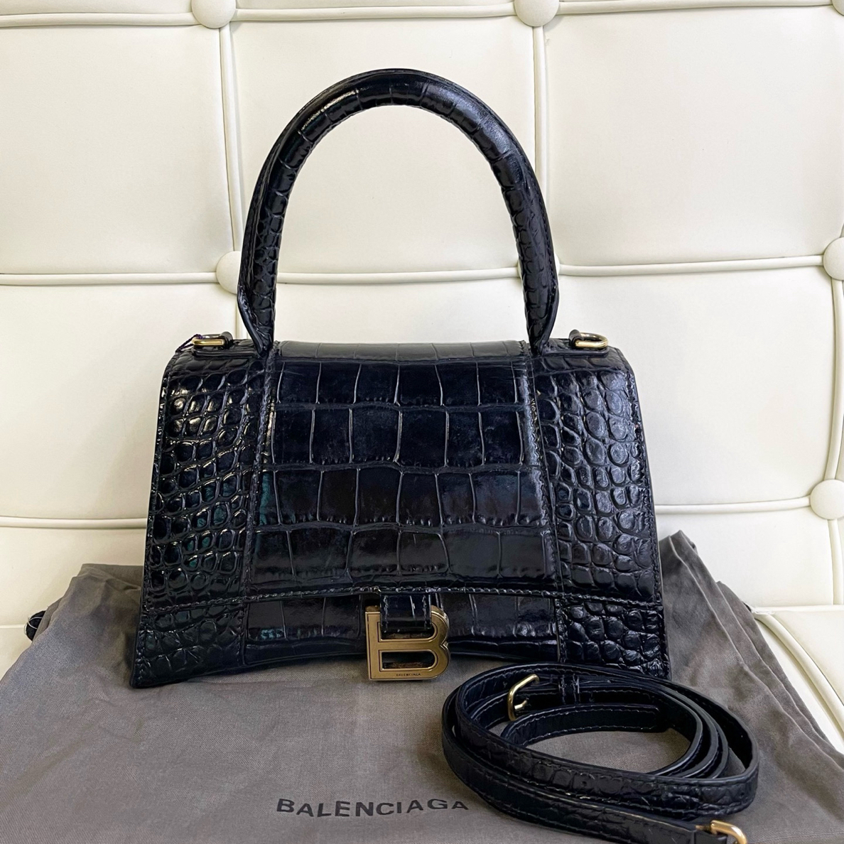 99新 Balenciaga/巴黎世家 119541 巴黎世家黑金鳄鱼压纹沙漏包S