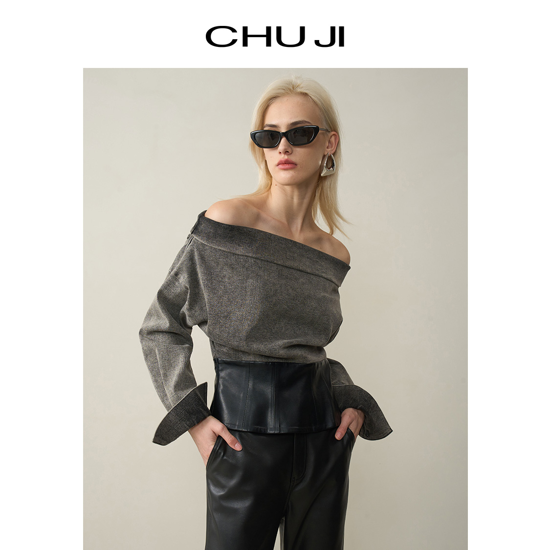 Chuji/出迹复古一字肩拼皮衬衣女2025春设计感港风上衣E1M1918D