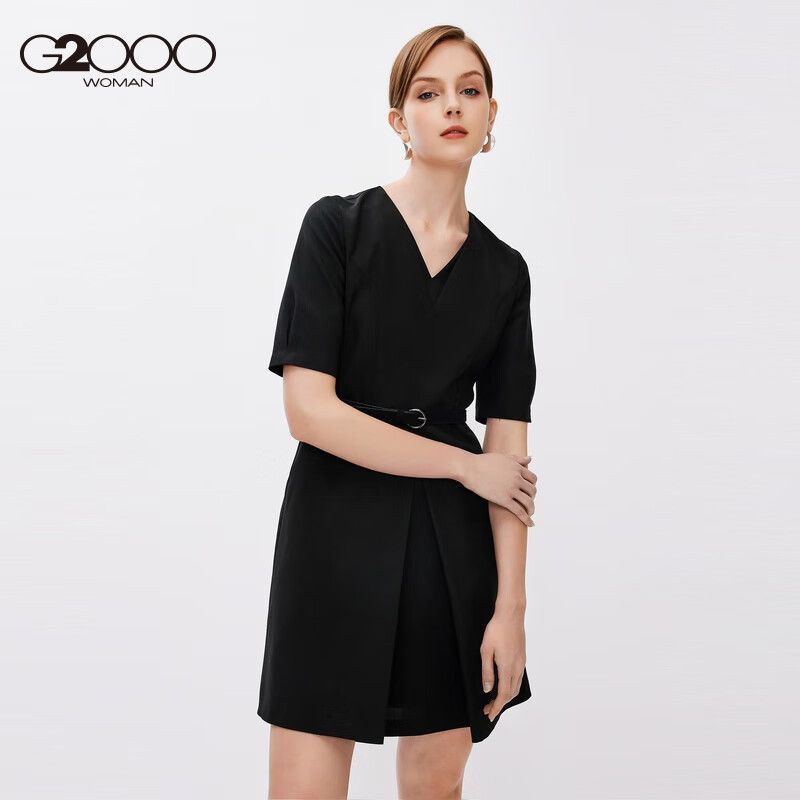 G2000女装春季新款V领收腰气质短袖职业通勤百搭连身裙
