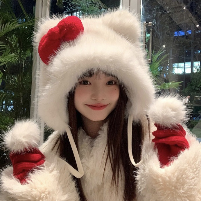 秋冬新款显脸小可爱红色蝴蝶结毛绒帽韩系甜美时尚保暖雷锋帽防寒