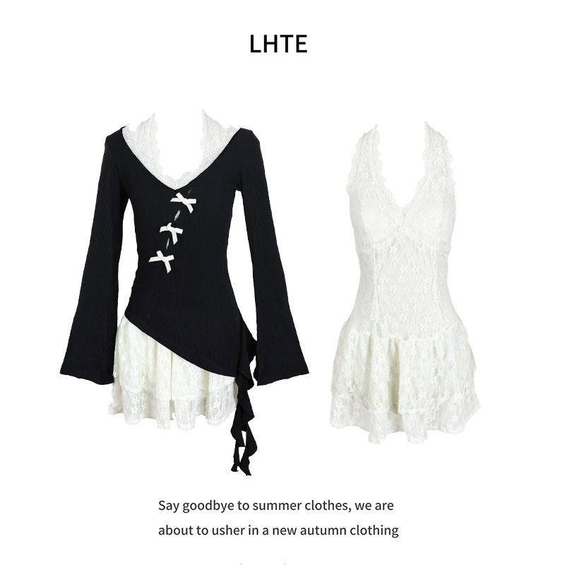 青青大码女装纯欲风时尚套装重工气质时尚修身黑色两件套C6217