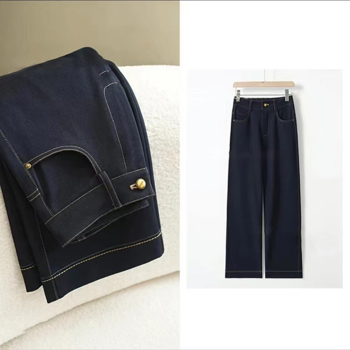 【早春新款】桑  蚕丝丹宁蓝牛仔设计师时尚高腰显瘦宽松窄版阔腿裤