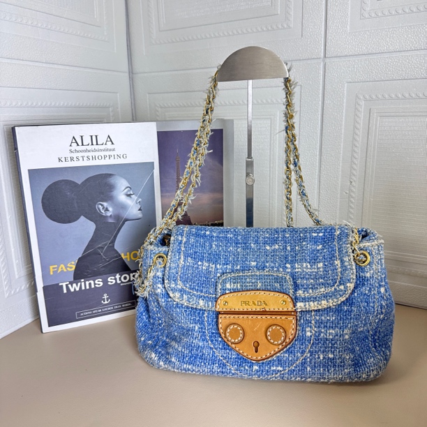 95新 Prada/普拉达 深蓝色丹宁复古牛仔手提单肩包