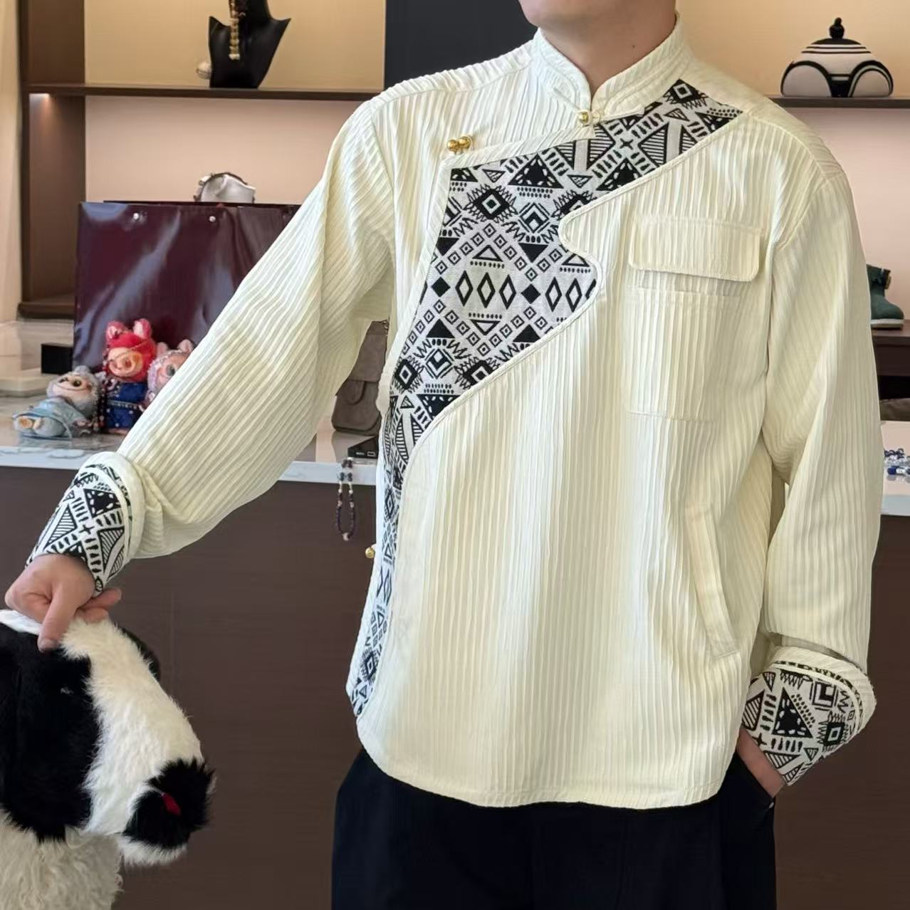 【卓日雅】9955民族风男女同款拼接长袖衬衣
