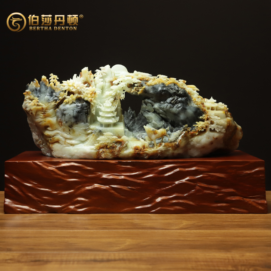 伯莎丹顿天然玉石客厅梳妆台摆件装饰品原色精雕意境山水开业礼物