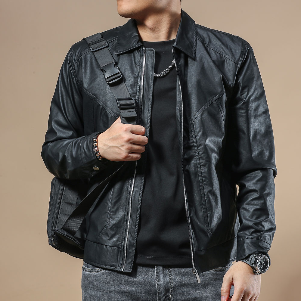 季言黑色翻领皮衣2025年新款男修身帅气 春秋季机车短款夹克男