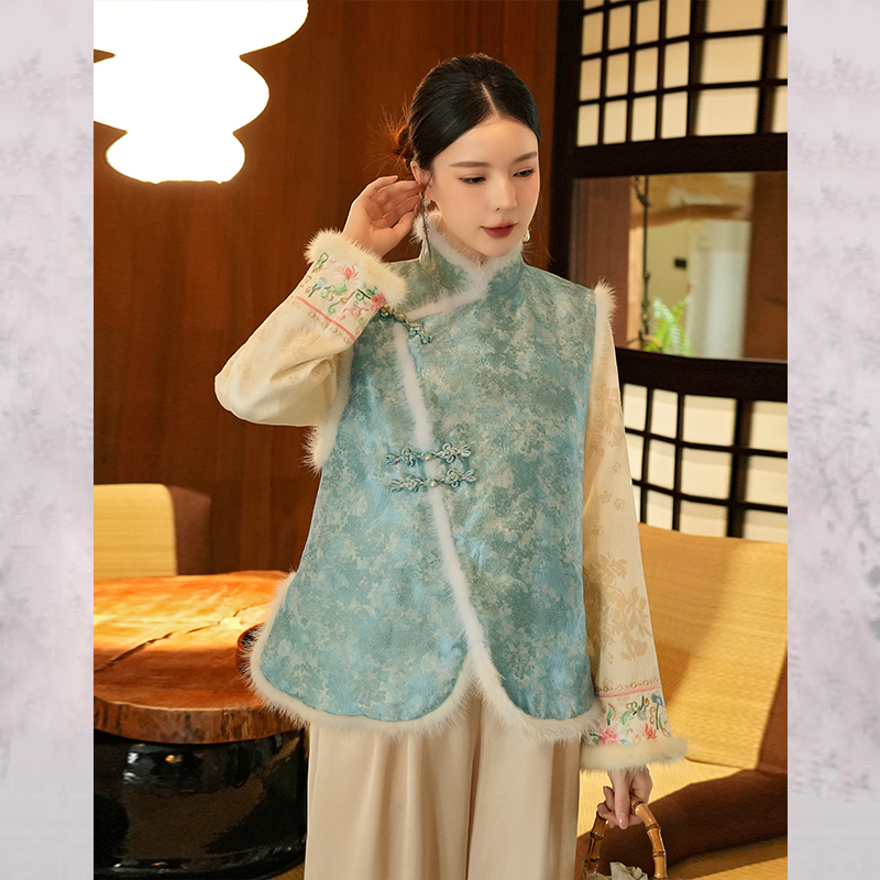 新中式水貂毛拼接马甲女高级感加厚夹棉盘扣立领背心外穿中式马夹