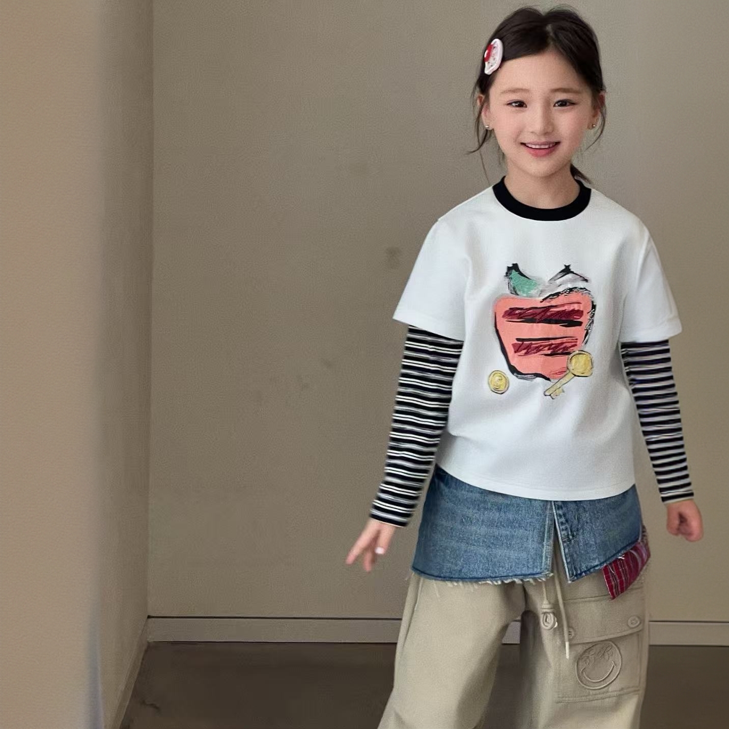 女童2025秋季新品大女童韩版绣珠珠条纹拼接假两件长袖T恤253087