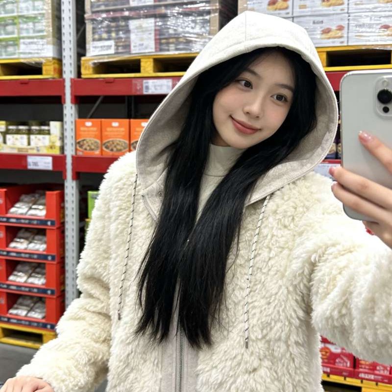椰绒奶芙冬季韩系加厚皮毛一体连帽假两件卫衣外套休闲百搭爆款