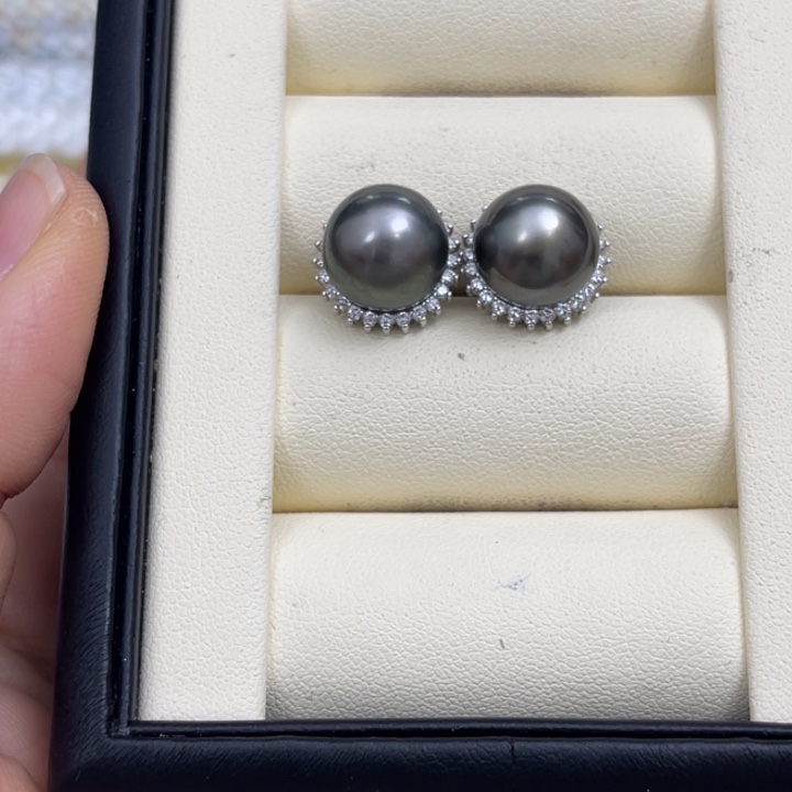 海水珍珠耳饰银S925镶嵌大溪地耳饰11-12mm