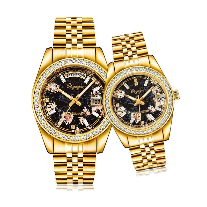 【黎莎专属】 镶钻时尚男女全自动机械防水夜光日历情侣手表-OB8602