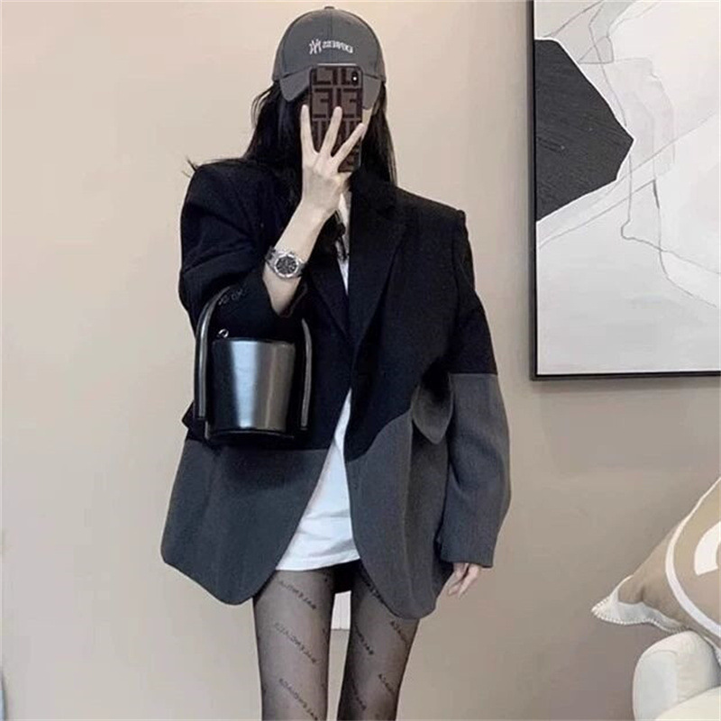 (K&F) 拼色女士西装外套女2024新款小众设计百搭显瘦上衣宽松西服