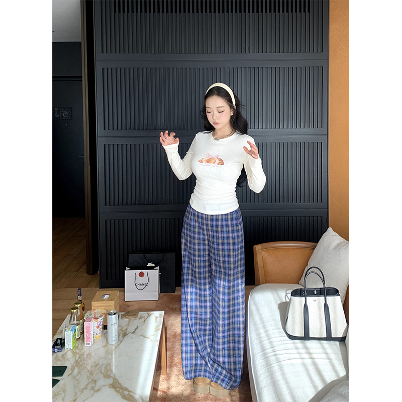 肉装小cherry 自由无尽 复古格子慵懒休闲裤女直筒微胖百搭阔腿裤