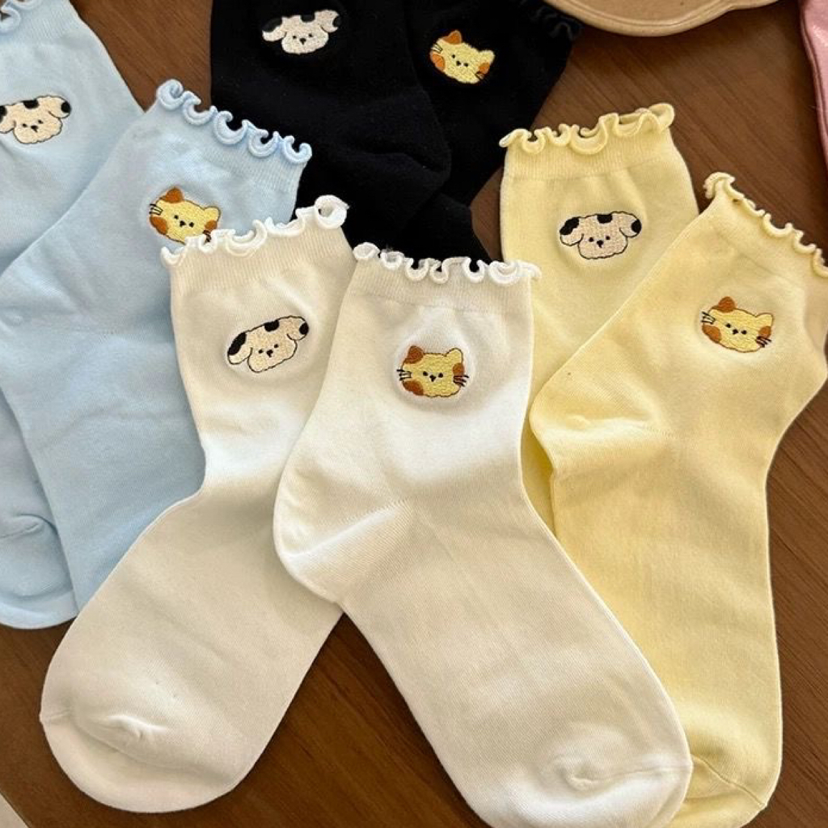 可爱木耳花边女款卡通短袜日系猫狗袜（随机3双）或直播选款