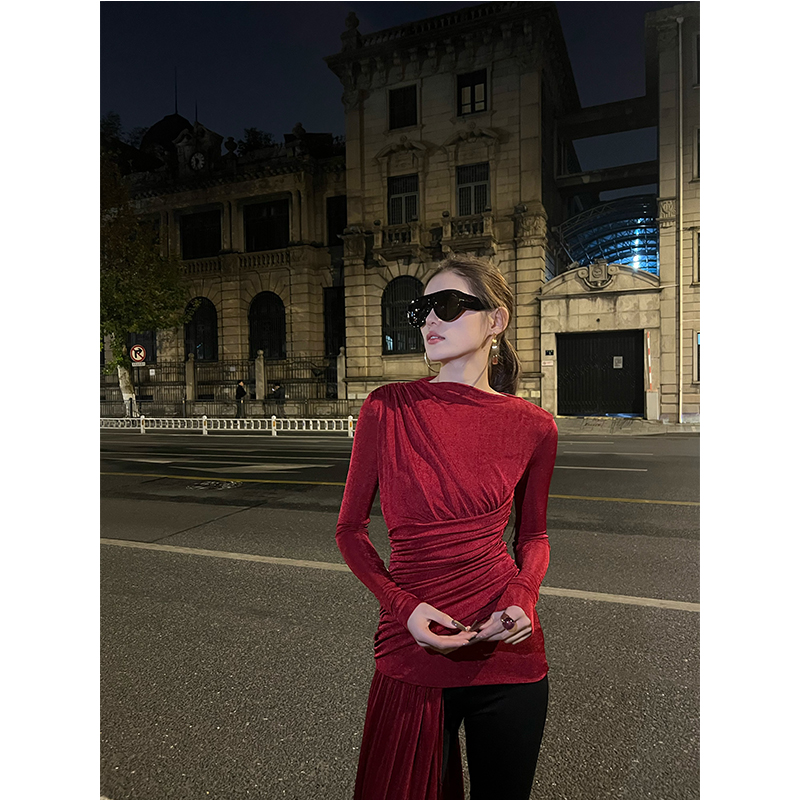 【玄子】红色复古飘带褶皱收腰节日穿搭针织衫