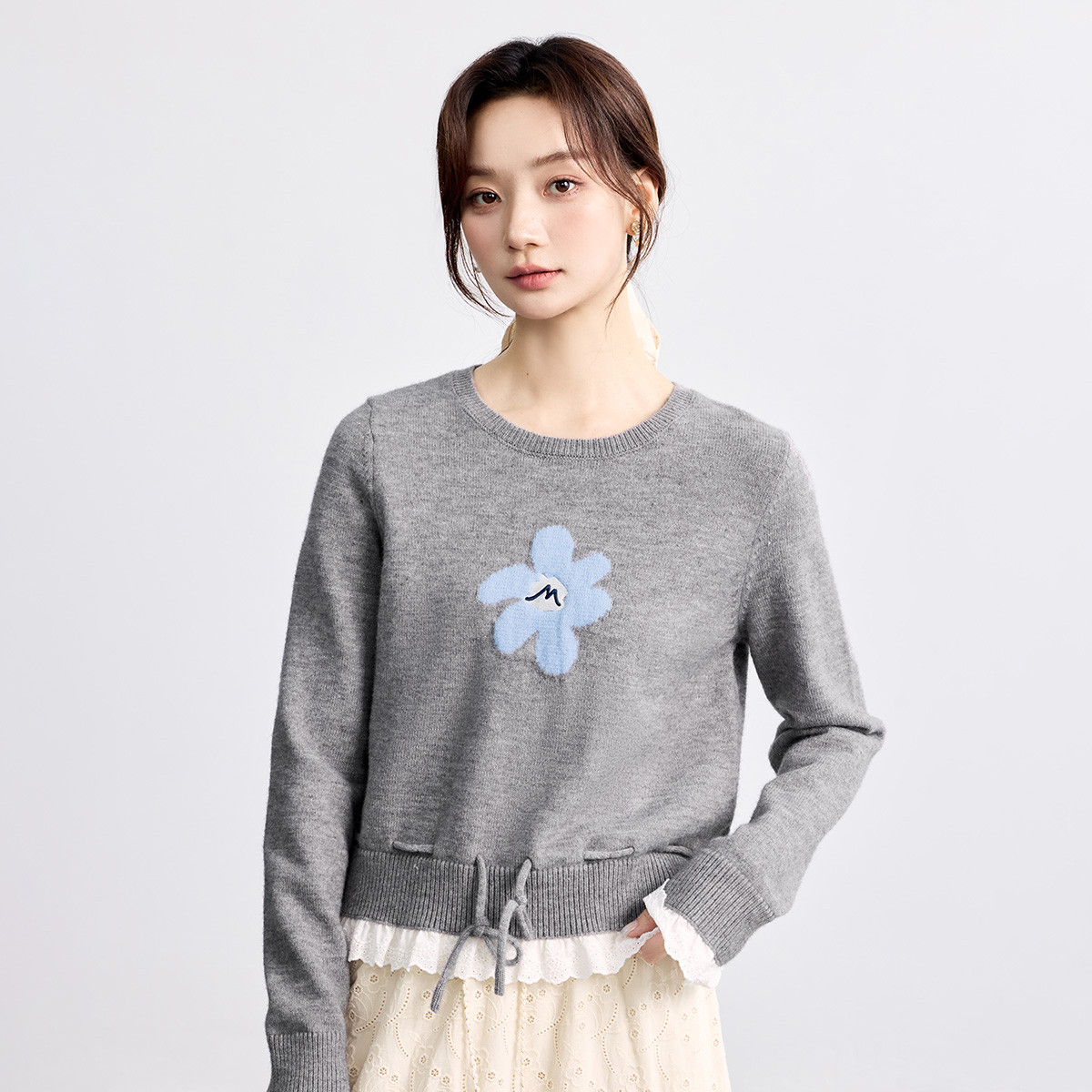 茵曼假两件蕾丝拼接套头毛衣女秋季撞色提花百搭舒适针织衫