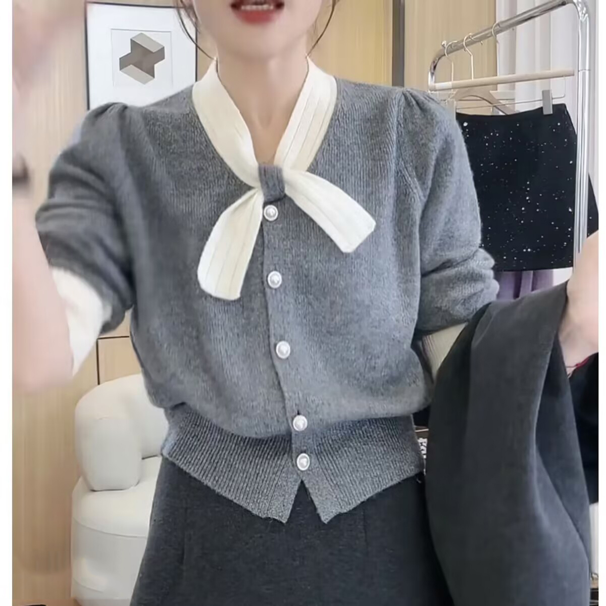 秋季冬季小香风针织气质女装毛针织衫蝴蝶结V领