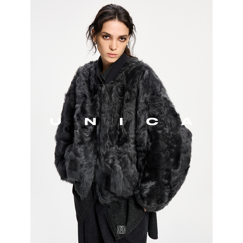 UNICA/强推私服时髦奢贵敲轻丝光感小湖羊帅气泡袖皮草夹克bomber