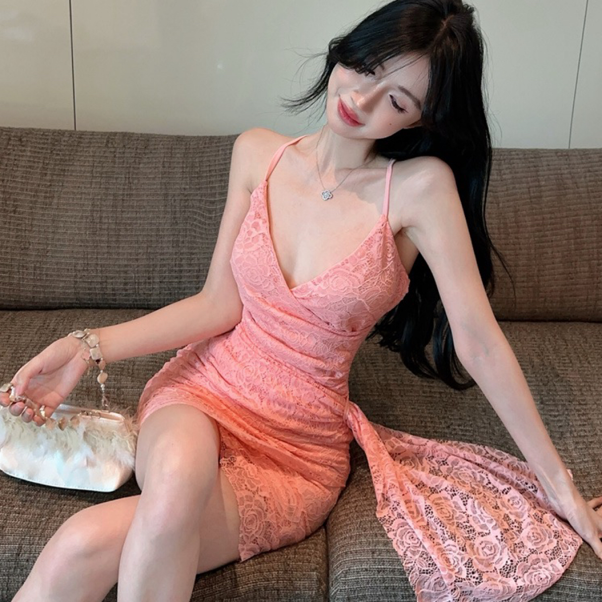 （风情玫瑰）纯欲性感蕾丝拼接吊带连衣裙紧身收腰显瘦气质包臀短裙