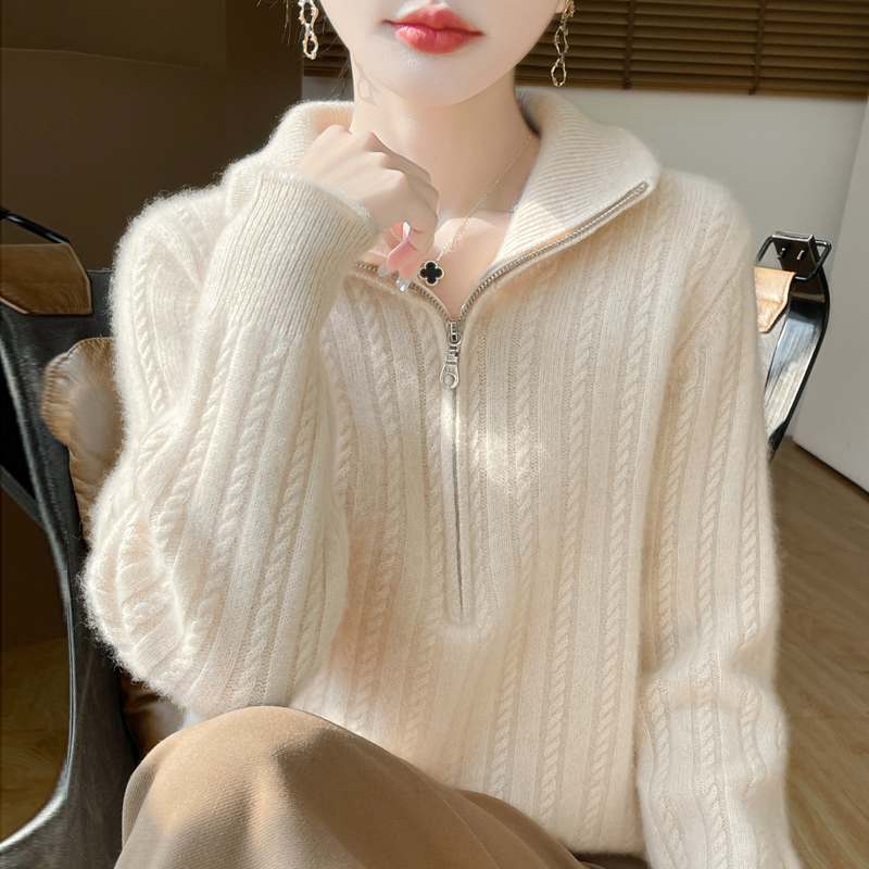 秋冬季新款女士羊毛衫打底衫针织套头拉链翻领毛衣外套女