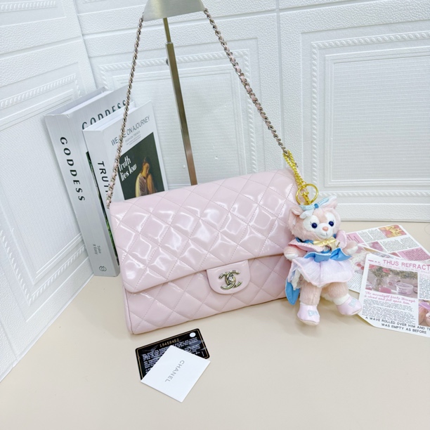 95新 Chanel/香奈儿 水粉色CF银扣漆皮单肩包带卡