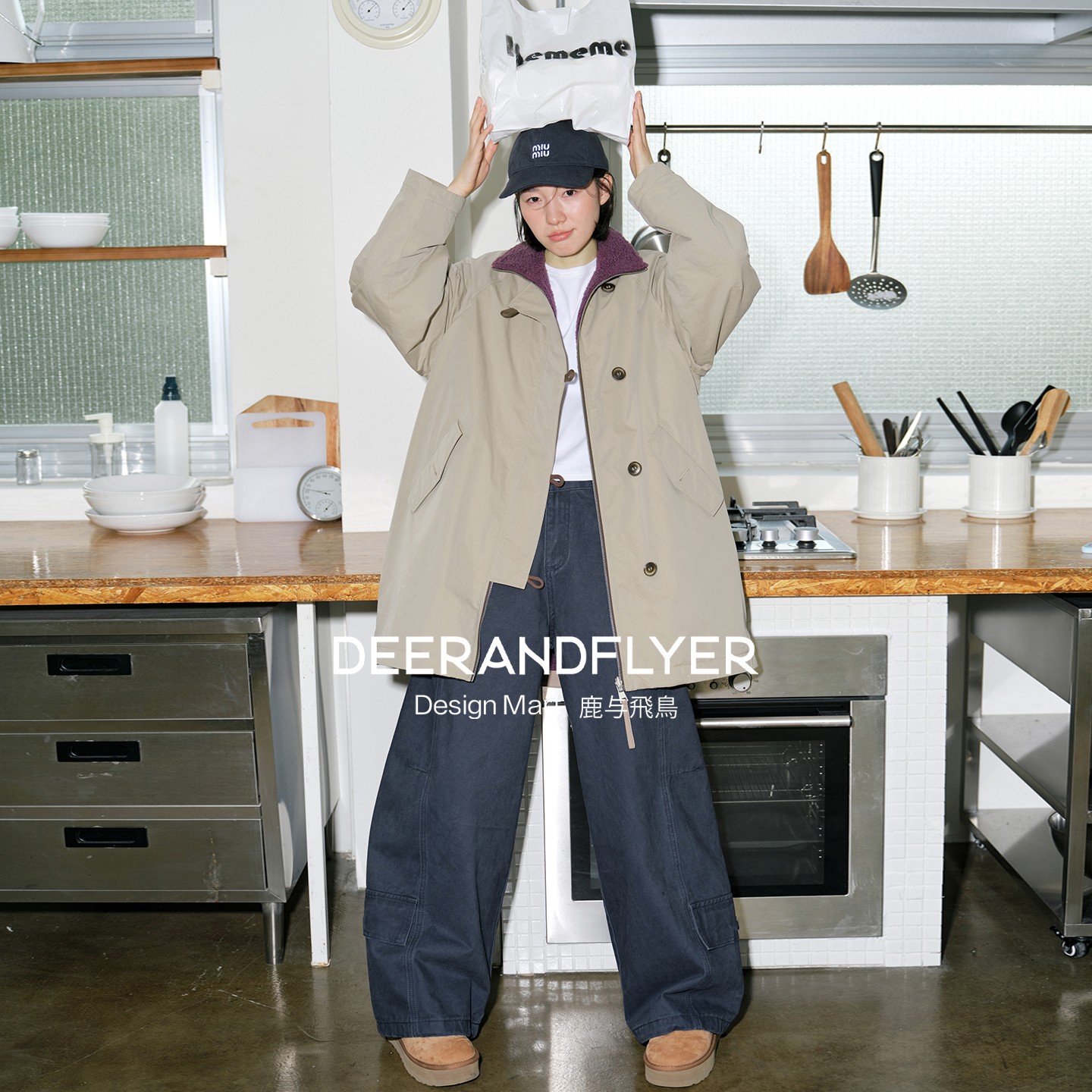 鹿与飞鸟“伊犁牧场”冬款加厚仿羊羔毛双面穿立领长款棉服外套7100