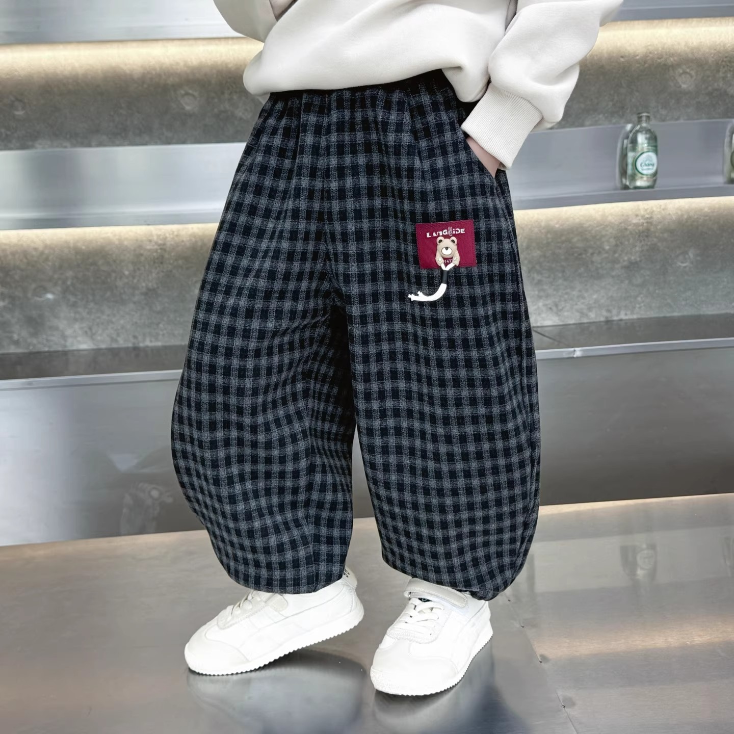 男童加绒裤子儿童秋冬季格子裤新款男宝宝冬装一体绒中小童束脚裤