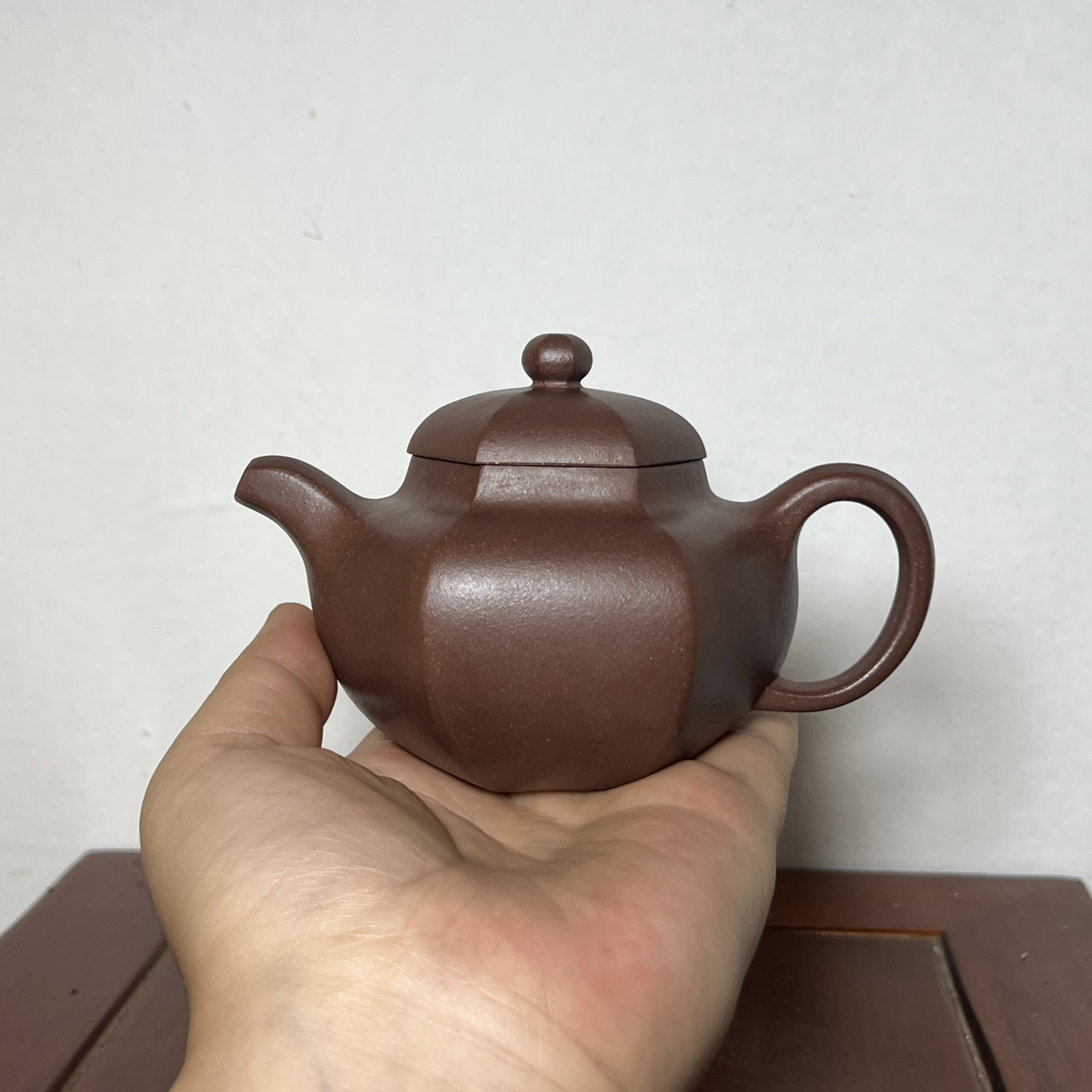 宜兴紫砂壶紫泥全手工六方柿圆200毫升左右（微瑕）