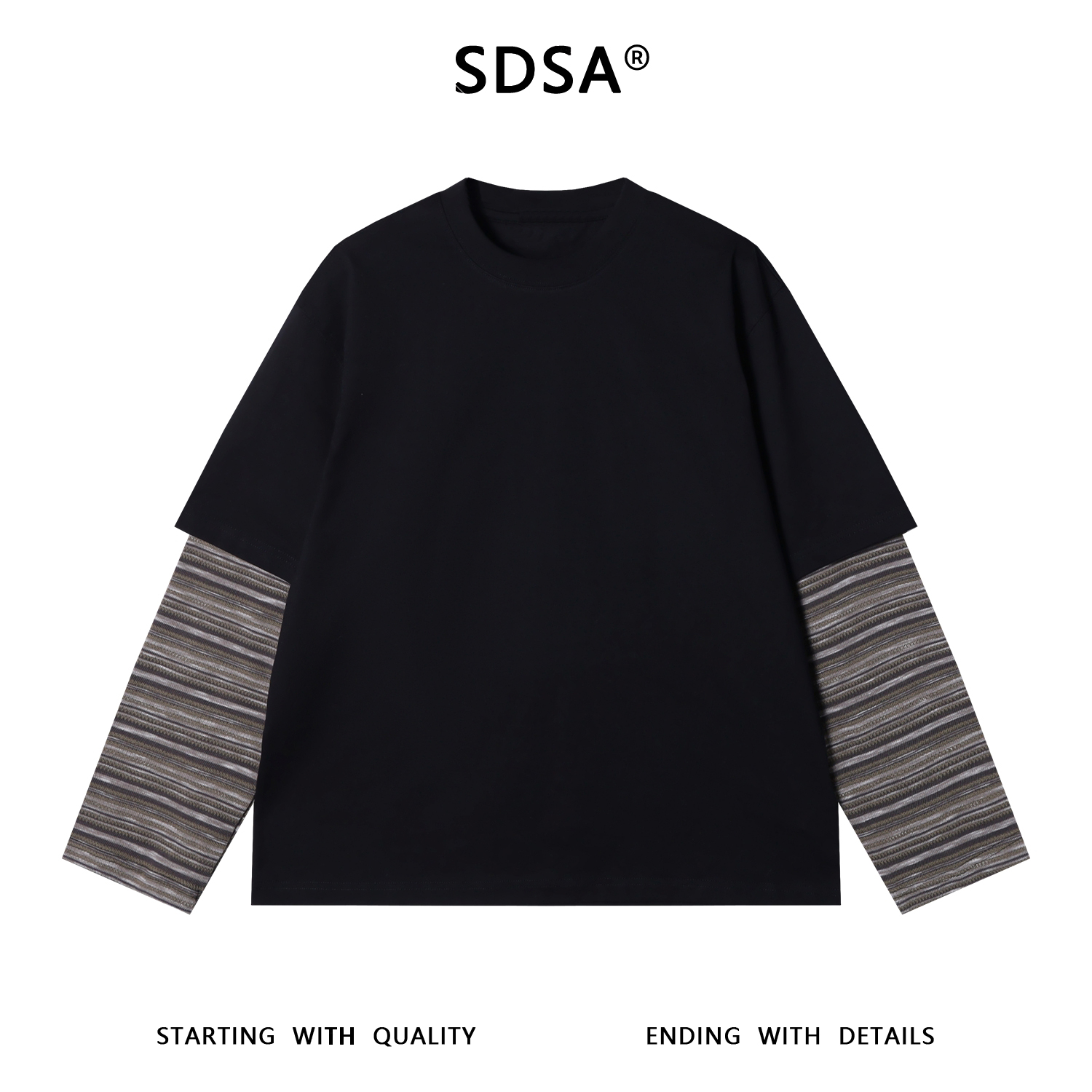 SDSA秋冬新款痞帅男装韩版撞色宽松条纹拼接圆领T恤百搭网红款