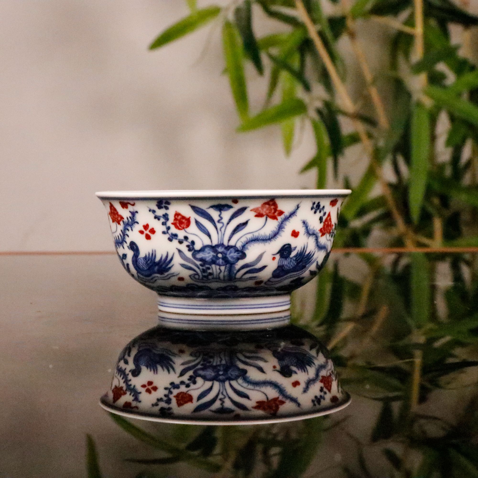 片云晚谷青花釉里红鸳鸯小炉式杯景德镇陶瓷手工手绘茶器茶杯茶具