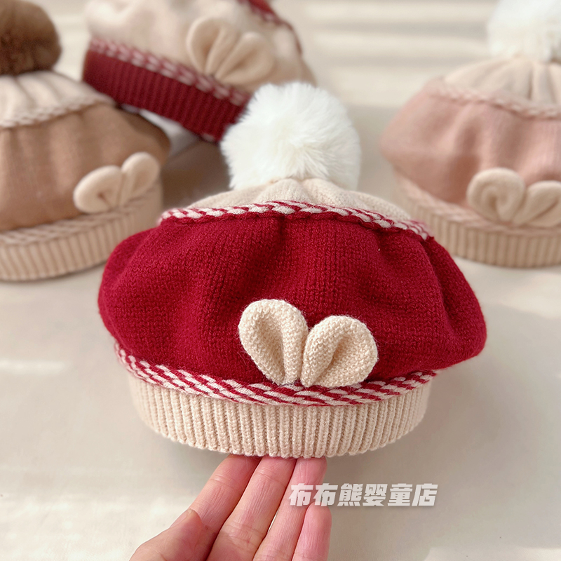 婴儿帽子秋冬韩版洋气贝雷帽男女宝宝冬季针织套头帽婴幼儿毛线帽