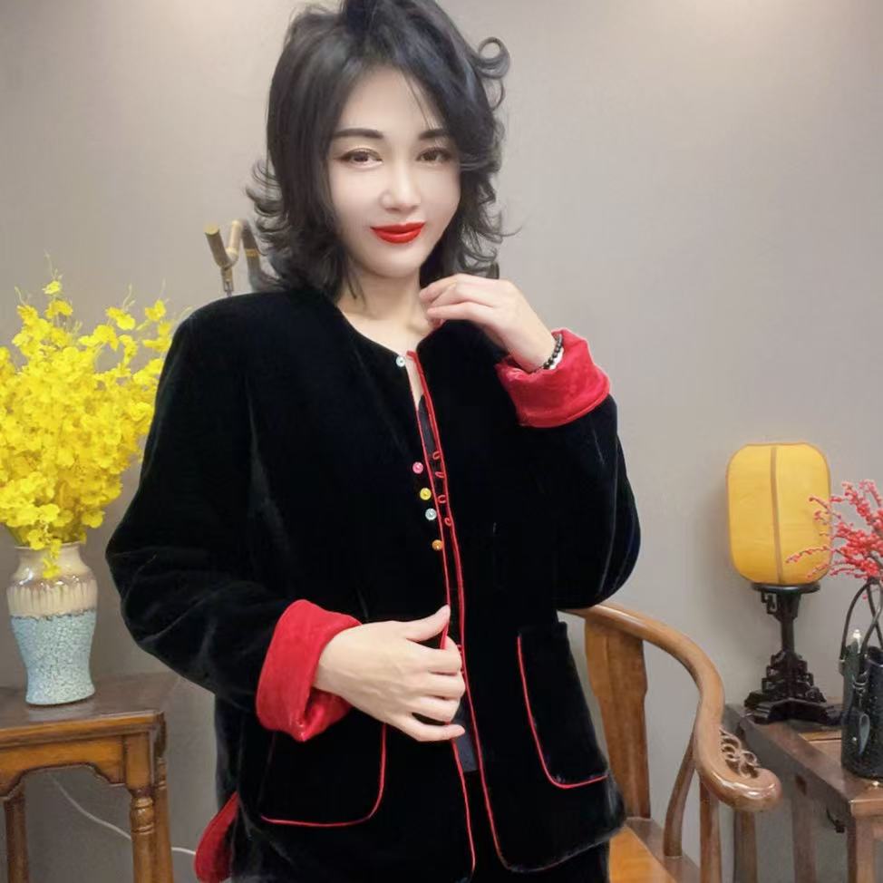 【峰姐优品】5631【KX】时尚撞色国风丝绒棉服