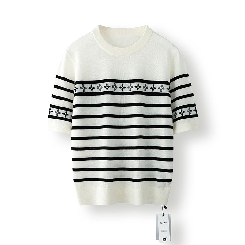 女士精纺针织扬子纱圆领短袖夏条纹百搭薄透气