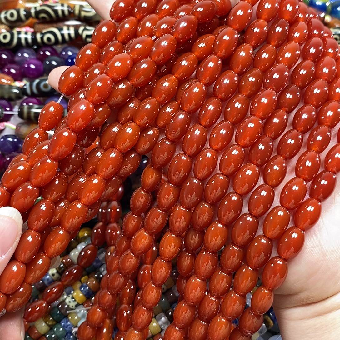 玛瑙/玉髓未镶嵌珠宝半成品红玛瑙米珠一条卡8*12mm