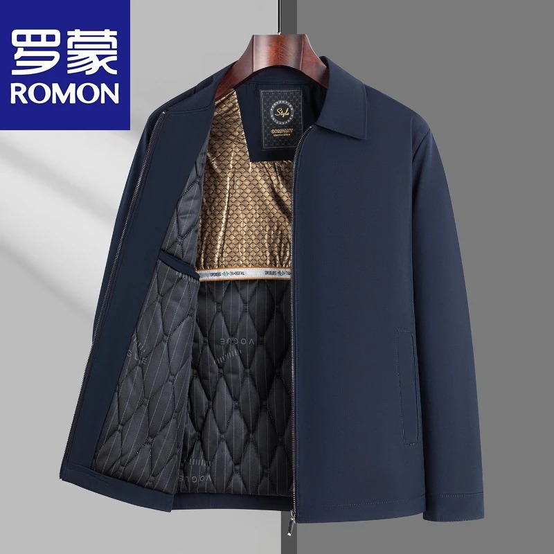 罗蒙冬季行政夹克男装宽松加棉加厚商务外套翻领中老年父亲外套